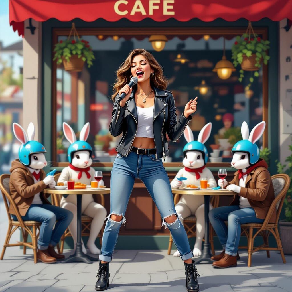 Woman Sings to Rabbits in Retro Cafe Scene