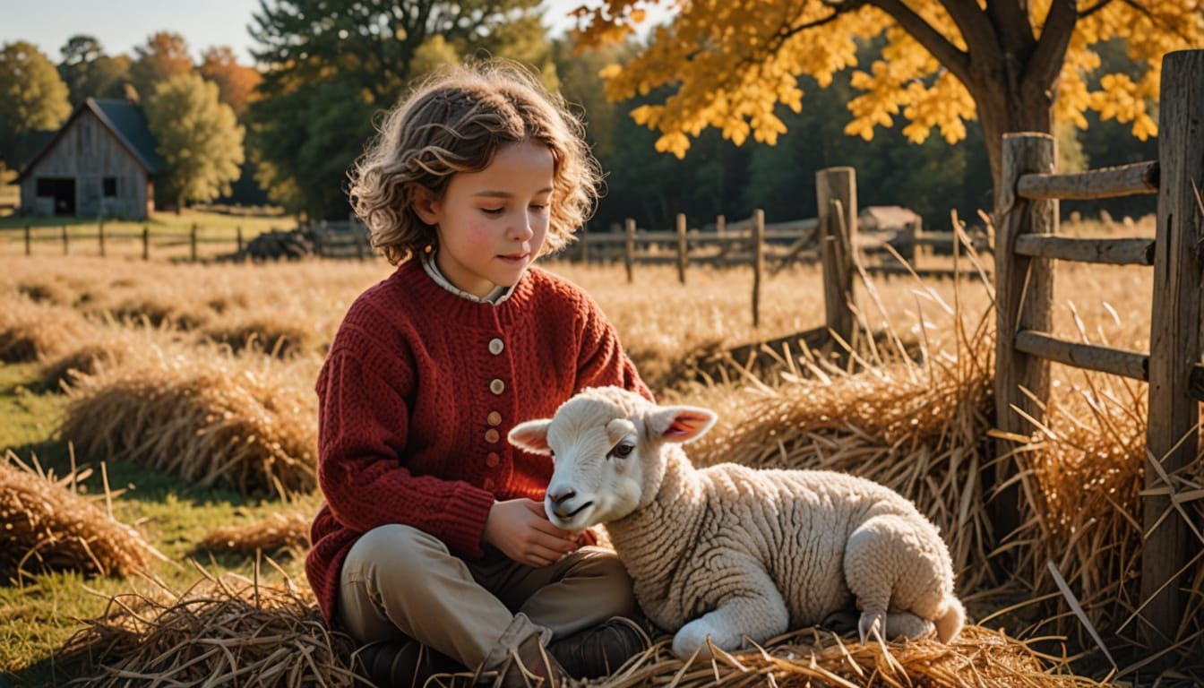 Child Cradles Lamb in Golden Hour Pastoral Scene