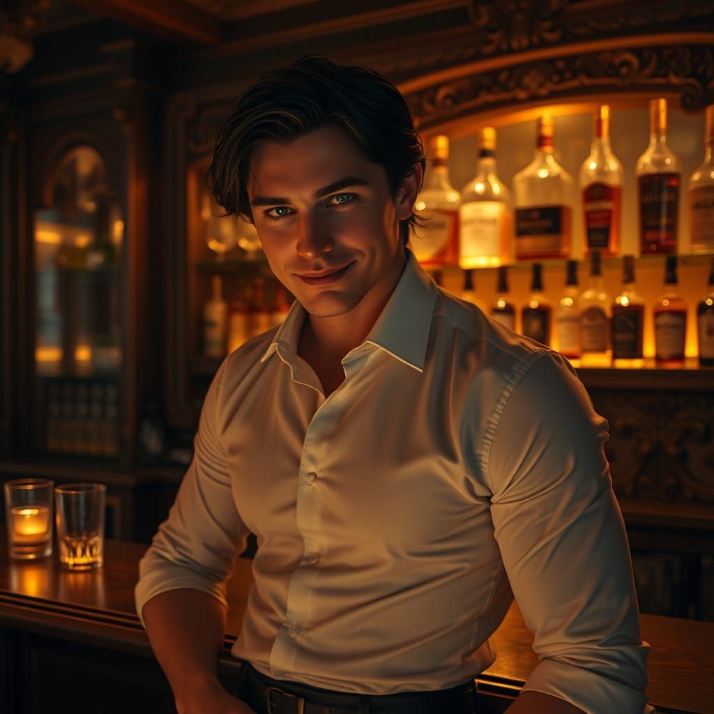 Enigmatic Bartender Concept Art in Matte Painting Style