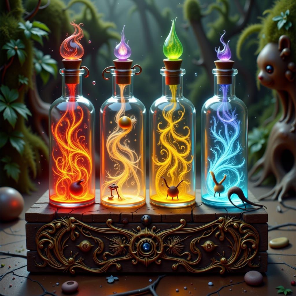 Magical Elemental Bottles in Rustic Box, Cinematic 3D Art