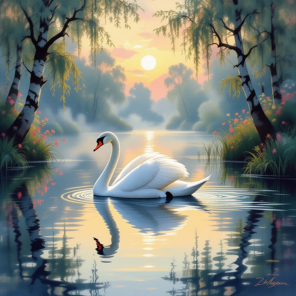 White Swan on Misty Lake: An Art Nouveau Scene