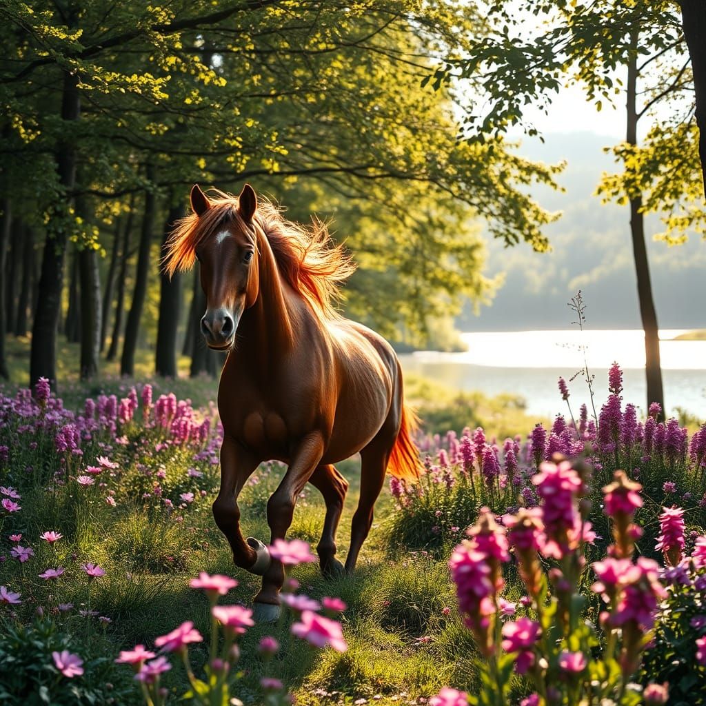 Sorrel Horse Galloping Through Forest Landscape