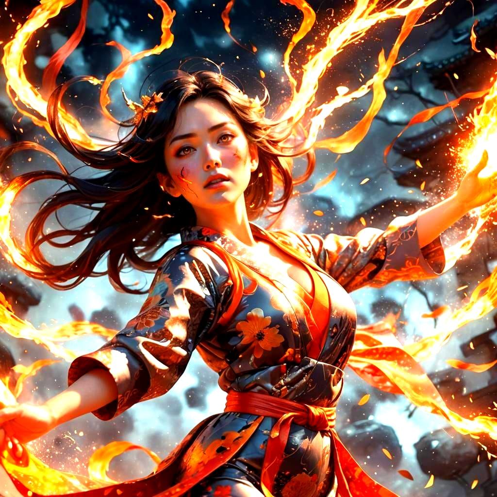 fantasy anime strong beautiful adorable woman wearing silk kimono walking on air; hyperrealistic cracking like a molten ...