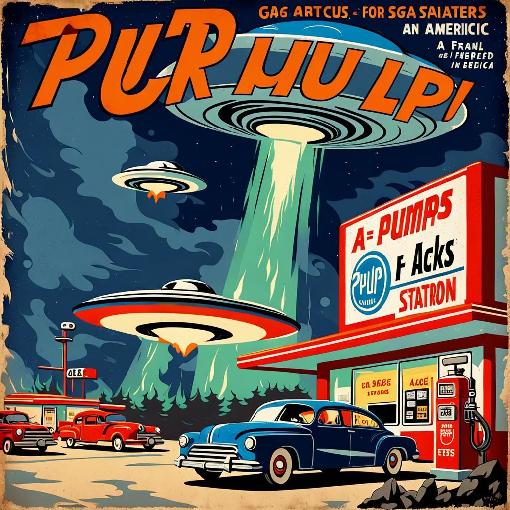 UFO Attack on Gas Station in Retro Sci-Fi Art