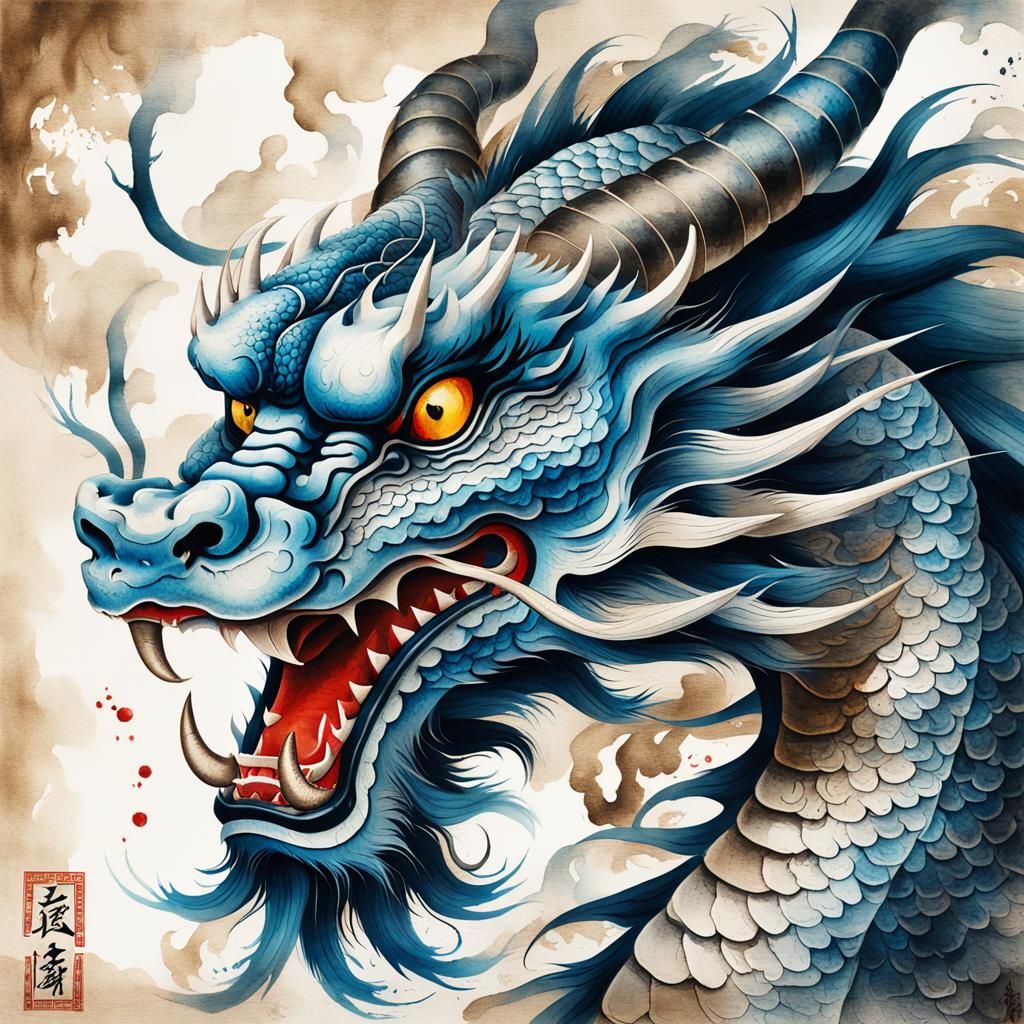 Majestic Chinese Dragon Portrait in Ink Painting Style