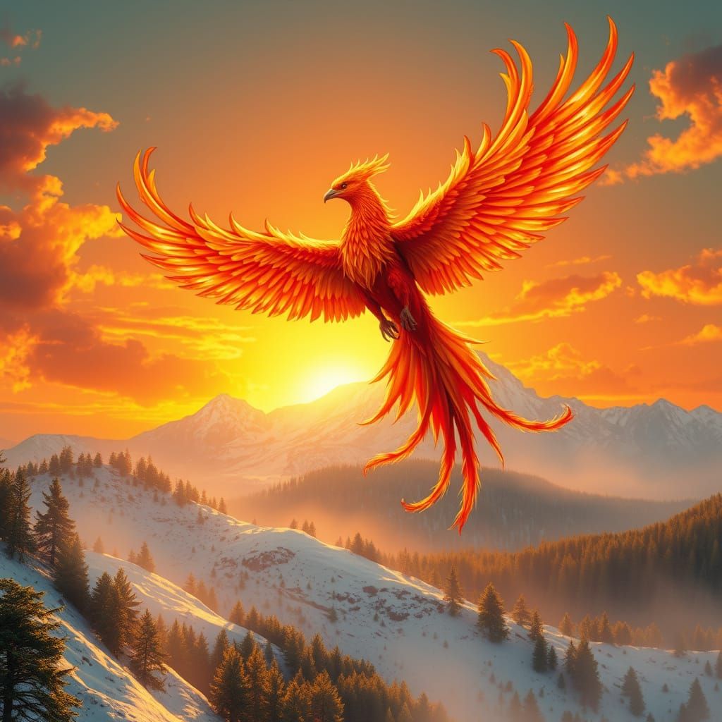 Regal Blazing Phoenix Soars Across Vibrant Sunrise