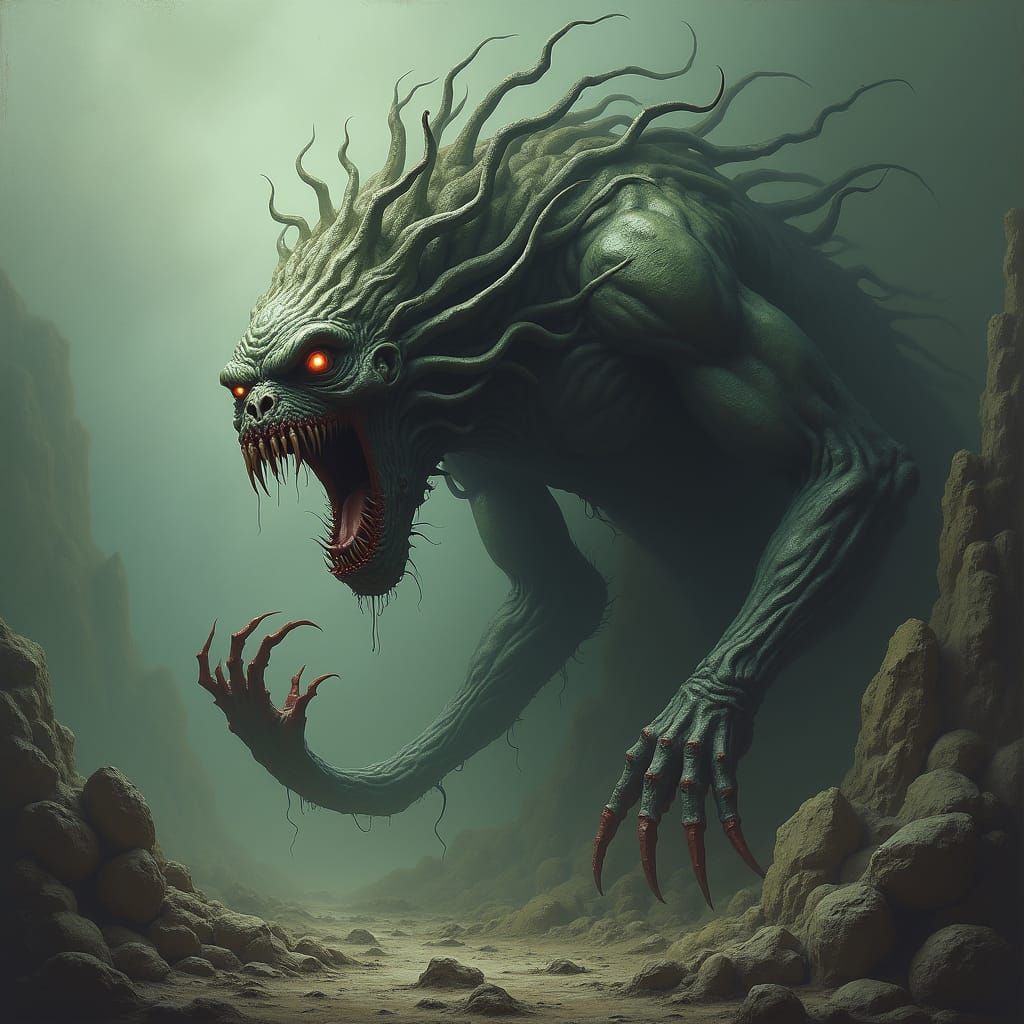 Grotesque Insanity Monster in Gothic Horror Style