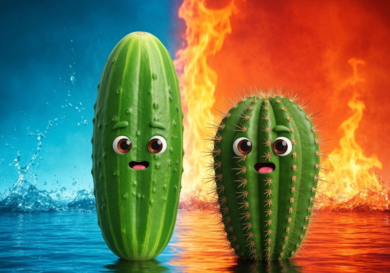 Cute Cucumber Meets Chibi Cactus in Fiery Contrast