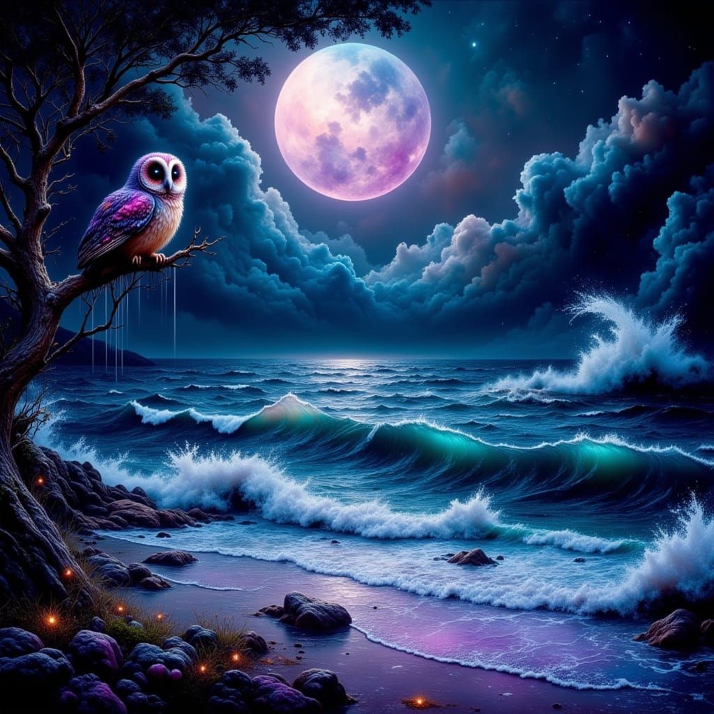 Night Owl Watches Aurora Over Dreamscape Ocean