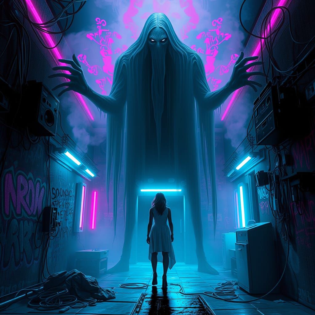 Cyberpunk Safehouse with Wraith in Neon Glow