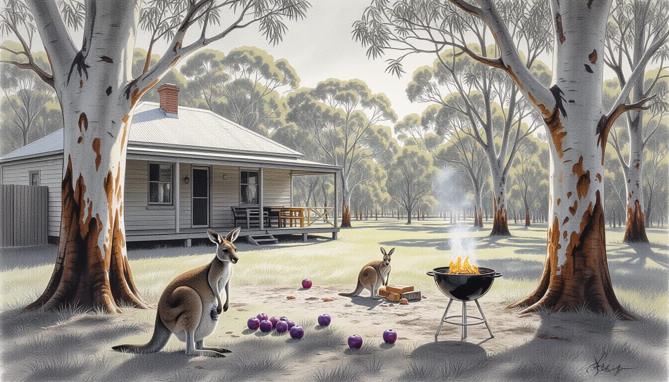 Australian Homestead: Charcoal Drawing of Gum Trees