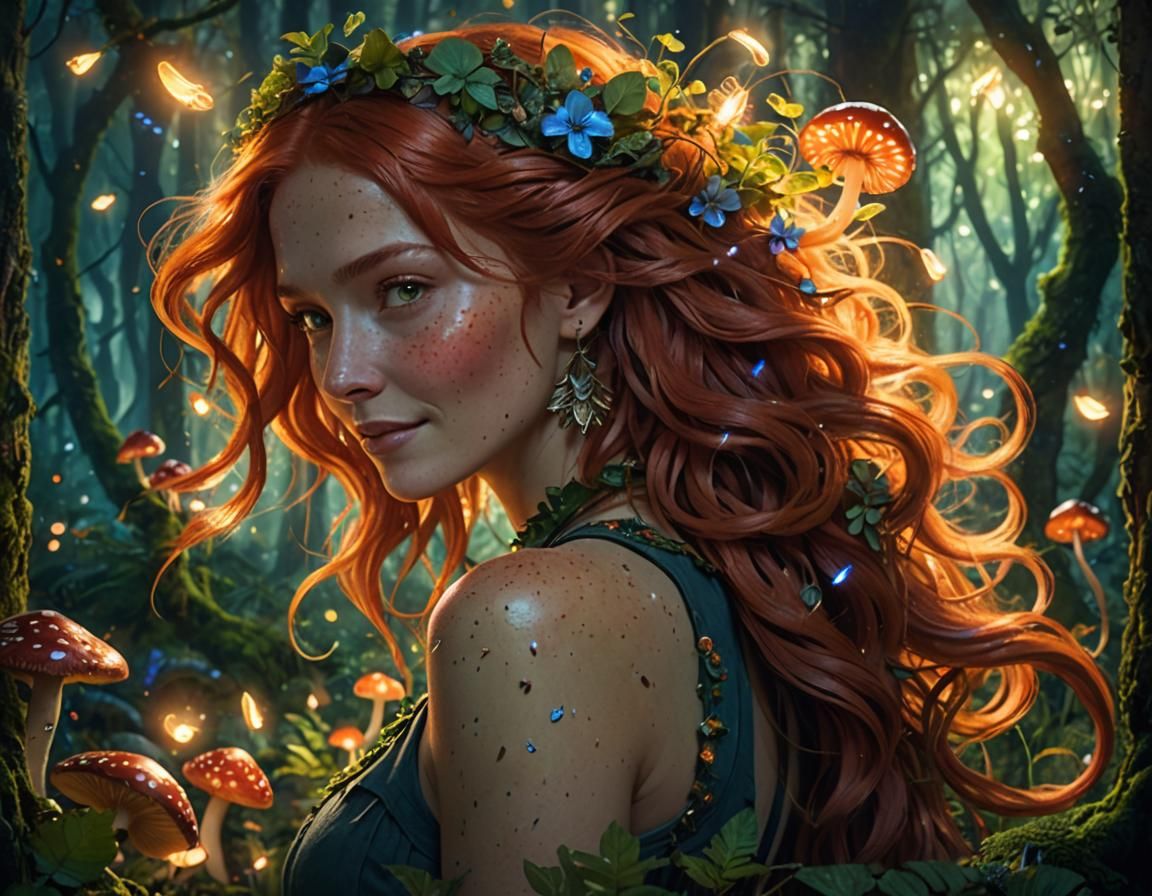 Smiling Redhead in Enchanted Forest: Fantasy Art