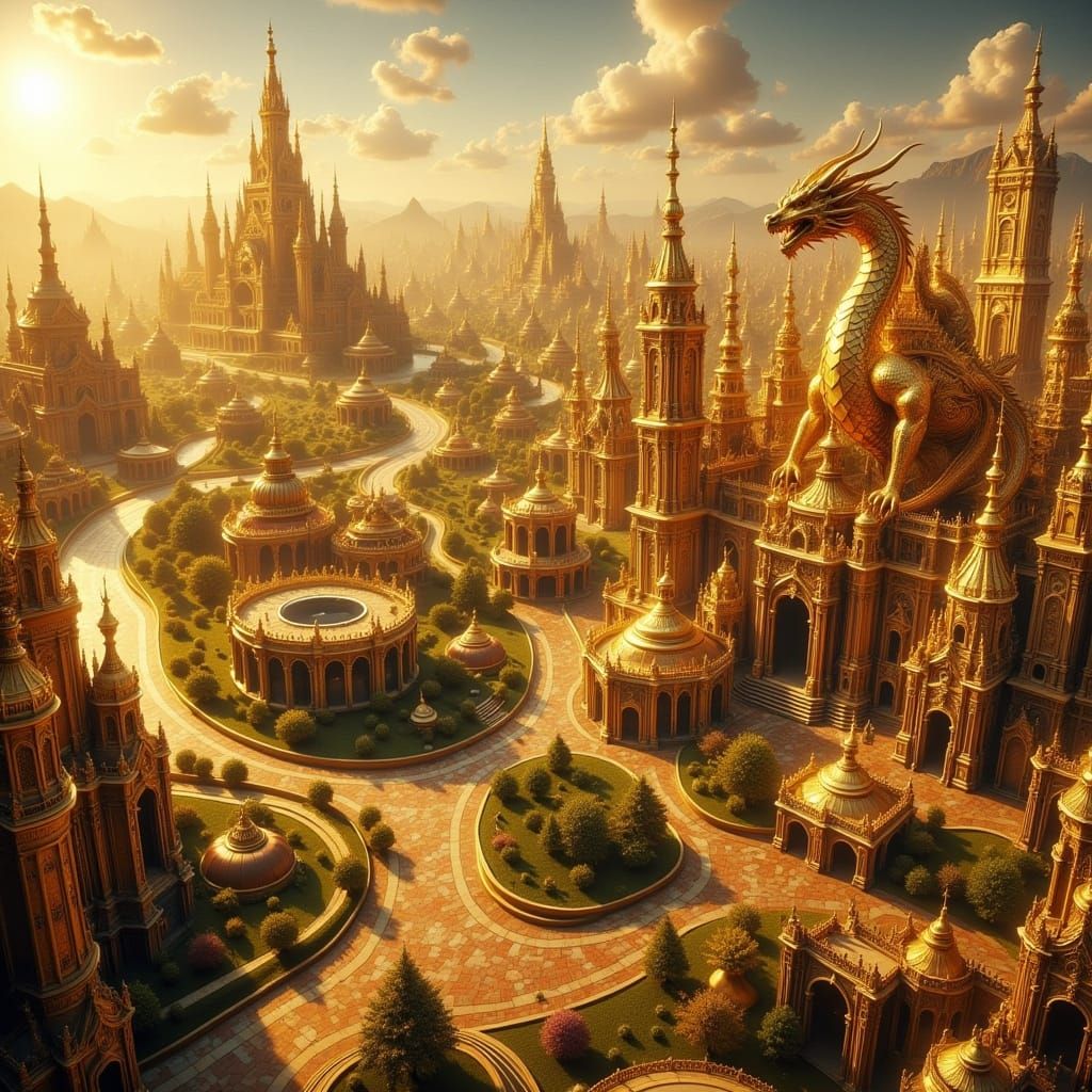 Golden City of Dreams in Cyberpunk Style