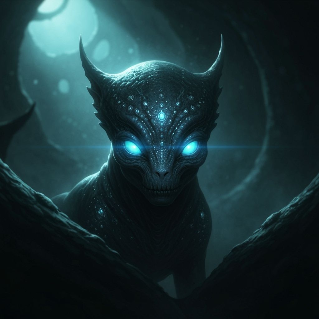 Mysterious Alien Pet with Bioluminescent Eyes in Dark Fantas...