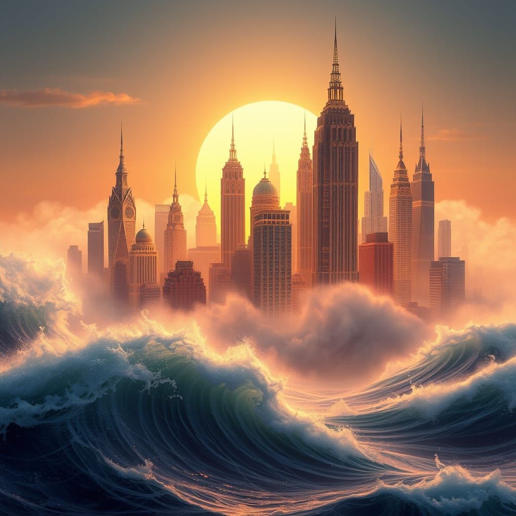 Dreamworld Cityscape Emerging from Oceanic Waves