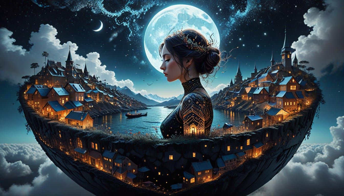 Surreal Zentangle Dreamscape with Floating Towns