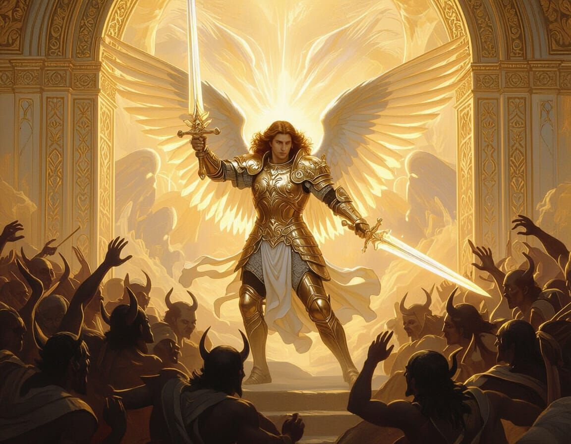 Archangel Michael Defeats Demons in Golden Light