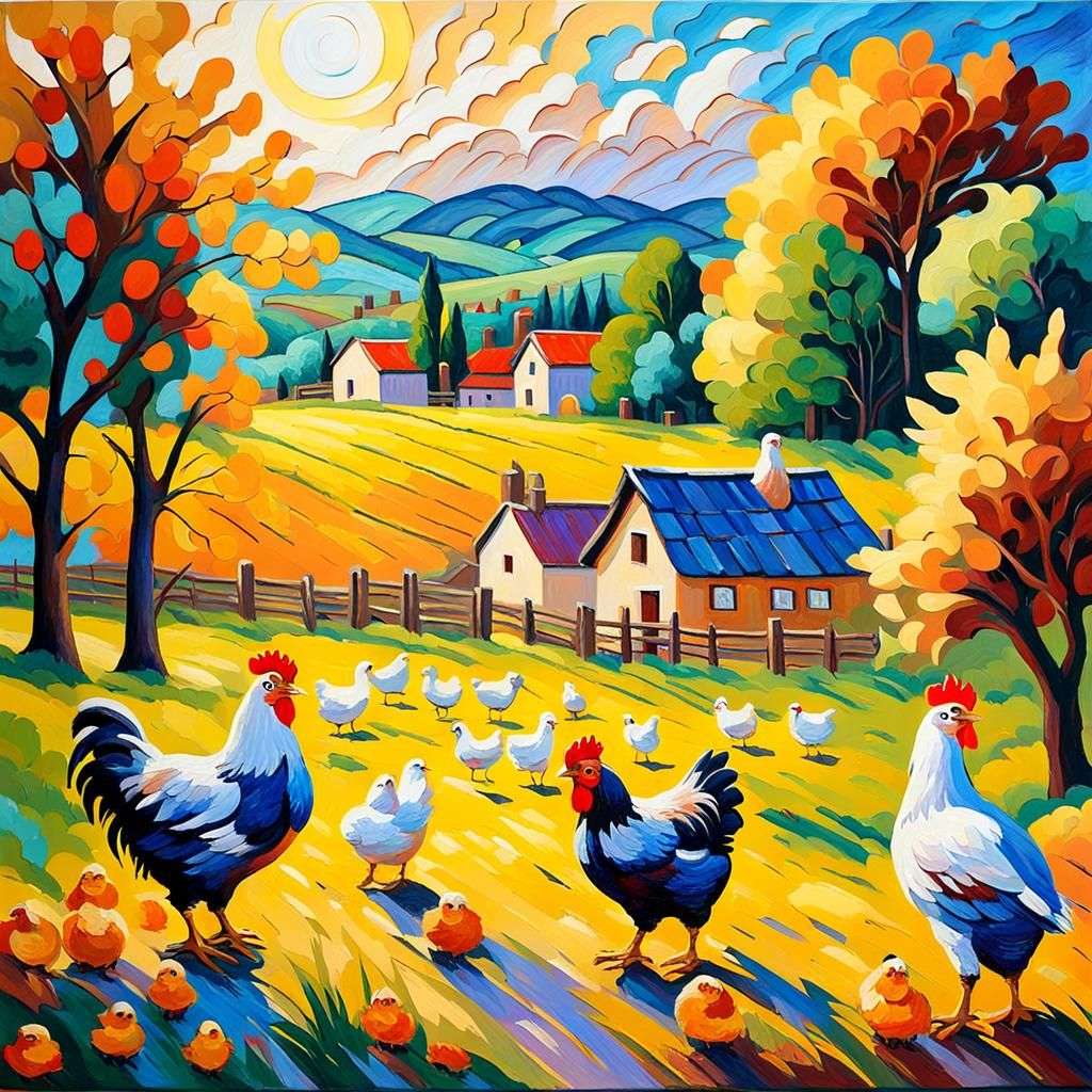 Mother Hen and Chicks in Neo-Impressionist Style