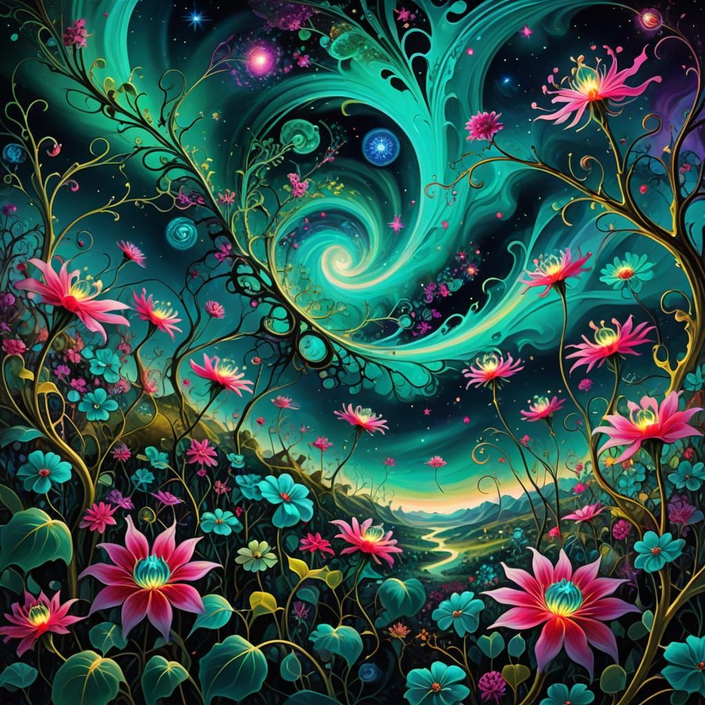 Dreamlike Cosmic Landscape in Vibrant Brushstrokes