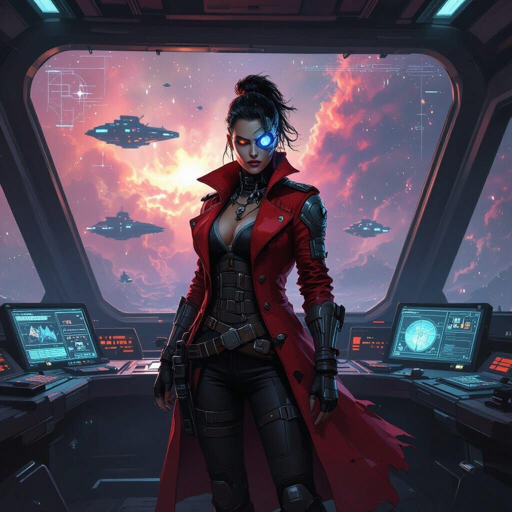 Fierce Female Space Pirate Captain on Starship Bridge