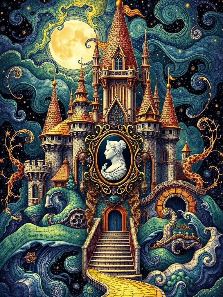 Surrealist Castle with Fractal Cameo Brooch
