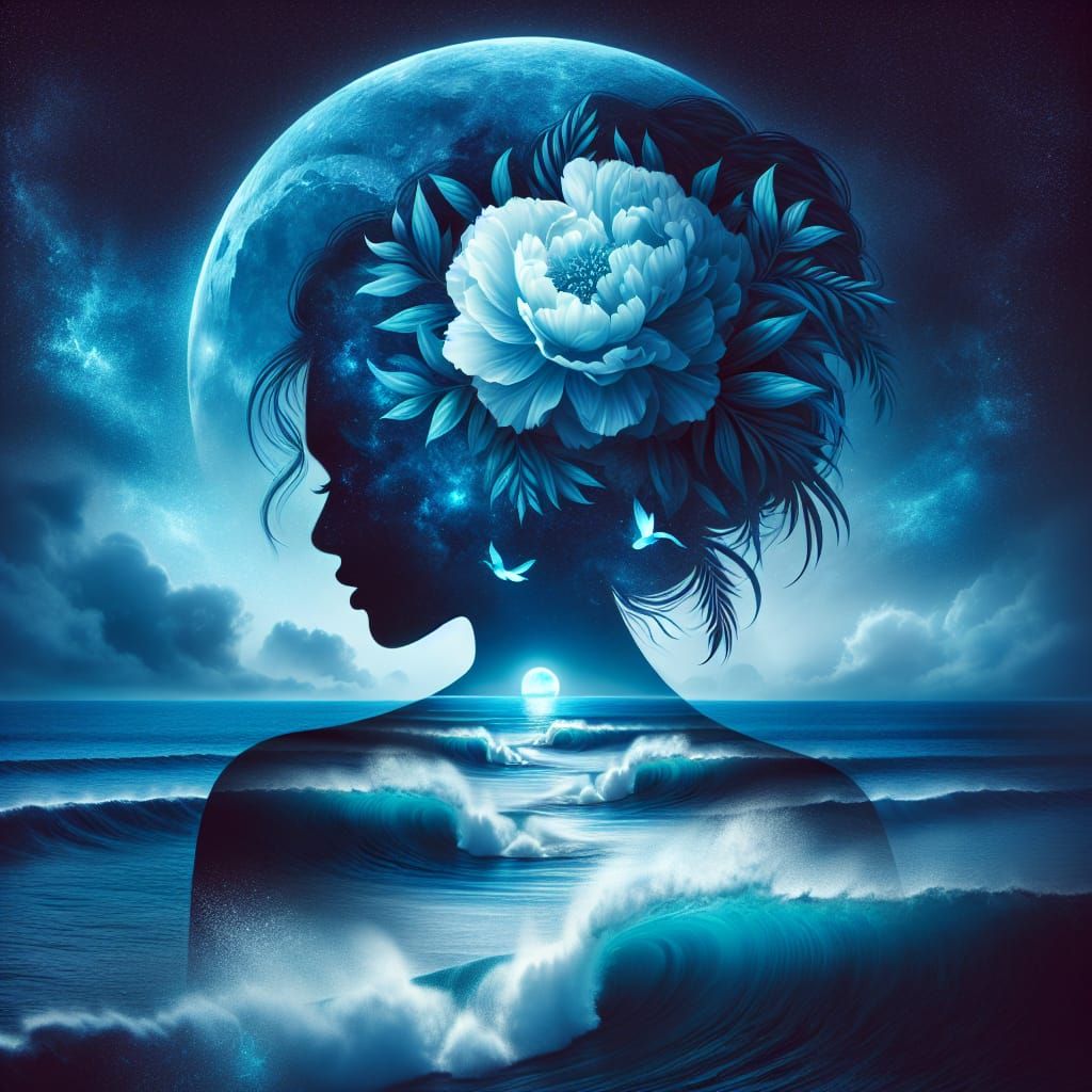 Ocean Moon Silhouette in Bioluminescent Blue Style