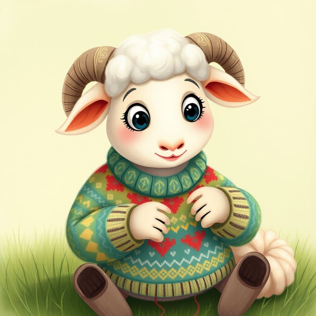 Cute Sheep Knitting a Colorful Sweater: Storybook Illustrati...