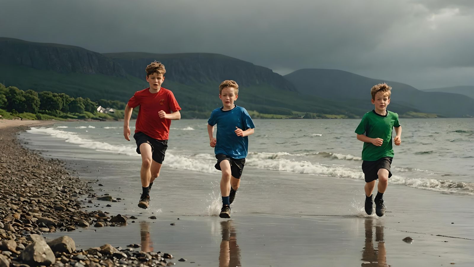Children Run on Beach During Summer Storm