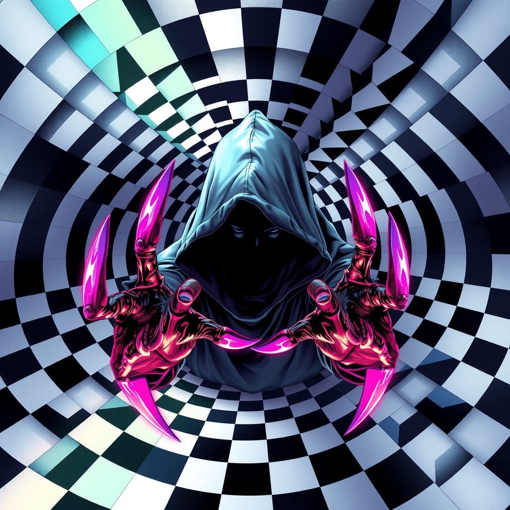 Hooded Figure Emerges from Impossible Checkered Plane