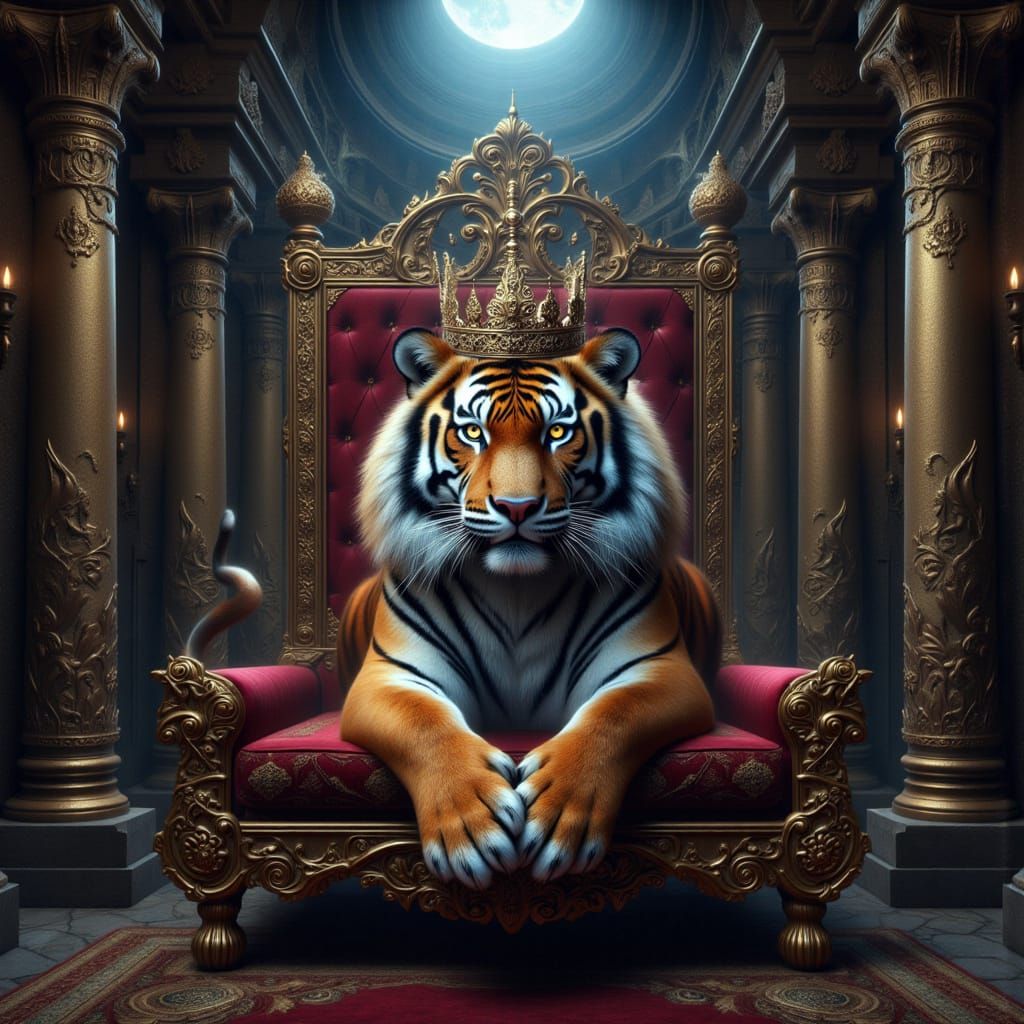 Regal Tiger on Throne in Ancient Temple