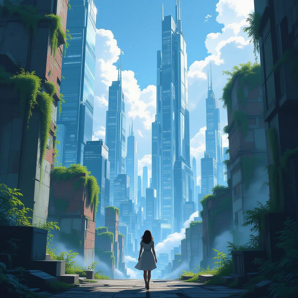 Futuristic Cityscape: Woman Among Ruins in Anime Style