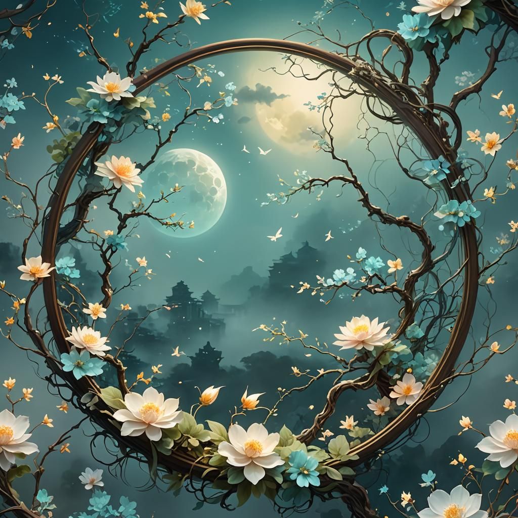 Ethereal Chinese Round Frame with Flowers in Ink Wash Style