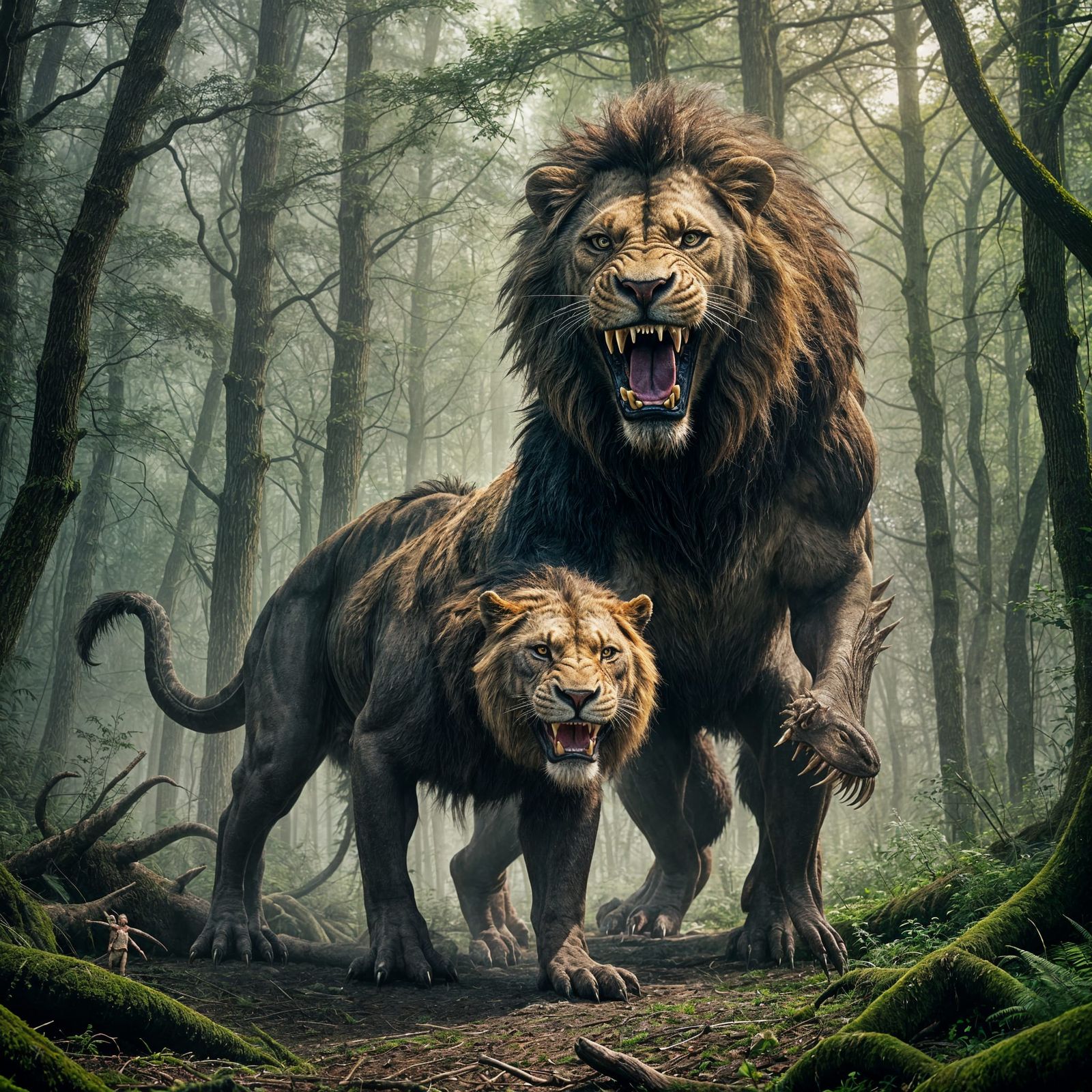 A hybrid creature trex and lion giant in size  .Standing in ...
