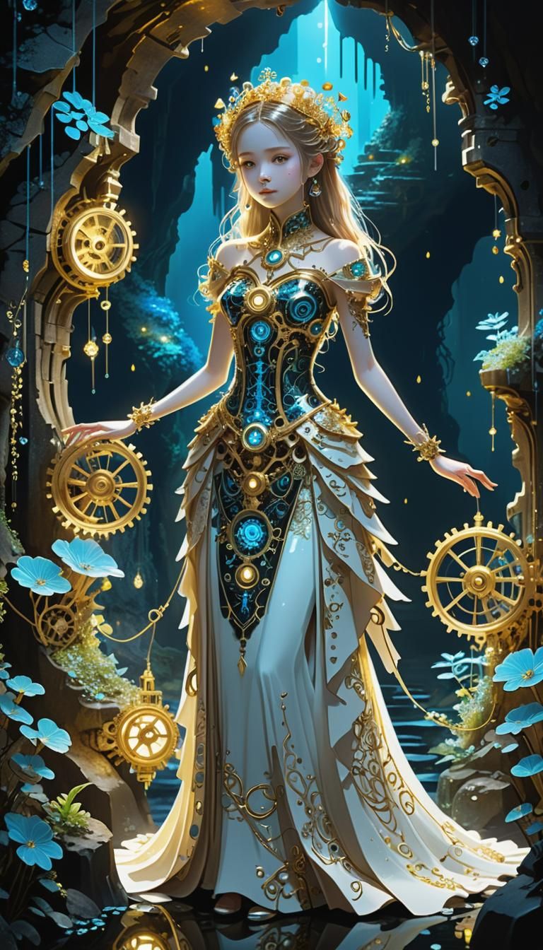 Clockwork Princess in Bioluminescent Cave, Anime Style
