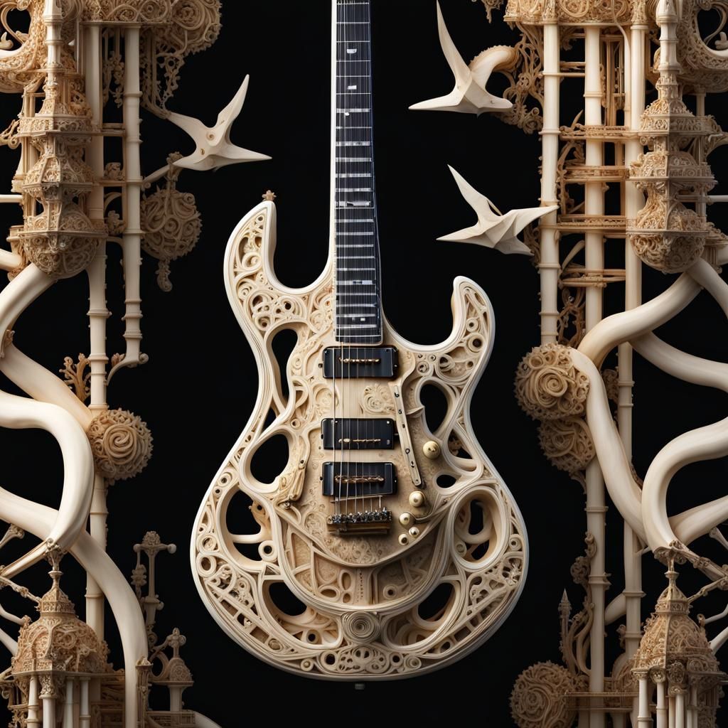 Intricate Bone Guitar Against Nebula in Hyperrealistic Style