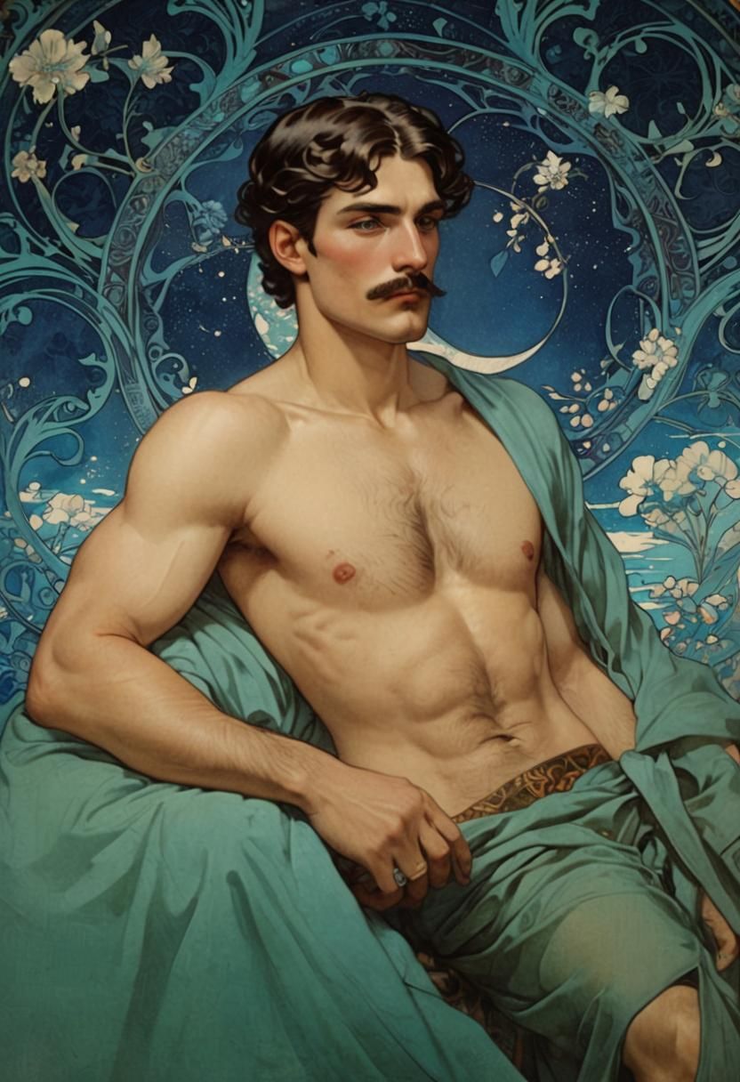 Handsome Man in Silk Robe, Art Nouveau Lithograph