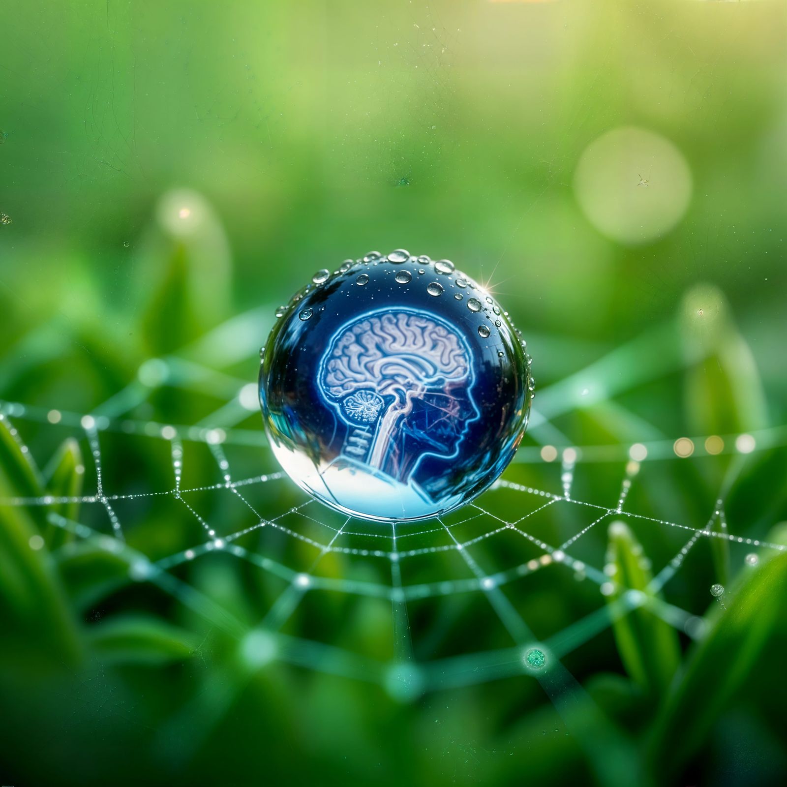 Macro Dewdrop Reflects Distorted Cityscape on Spiderweb
