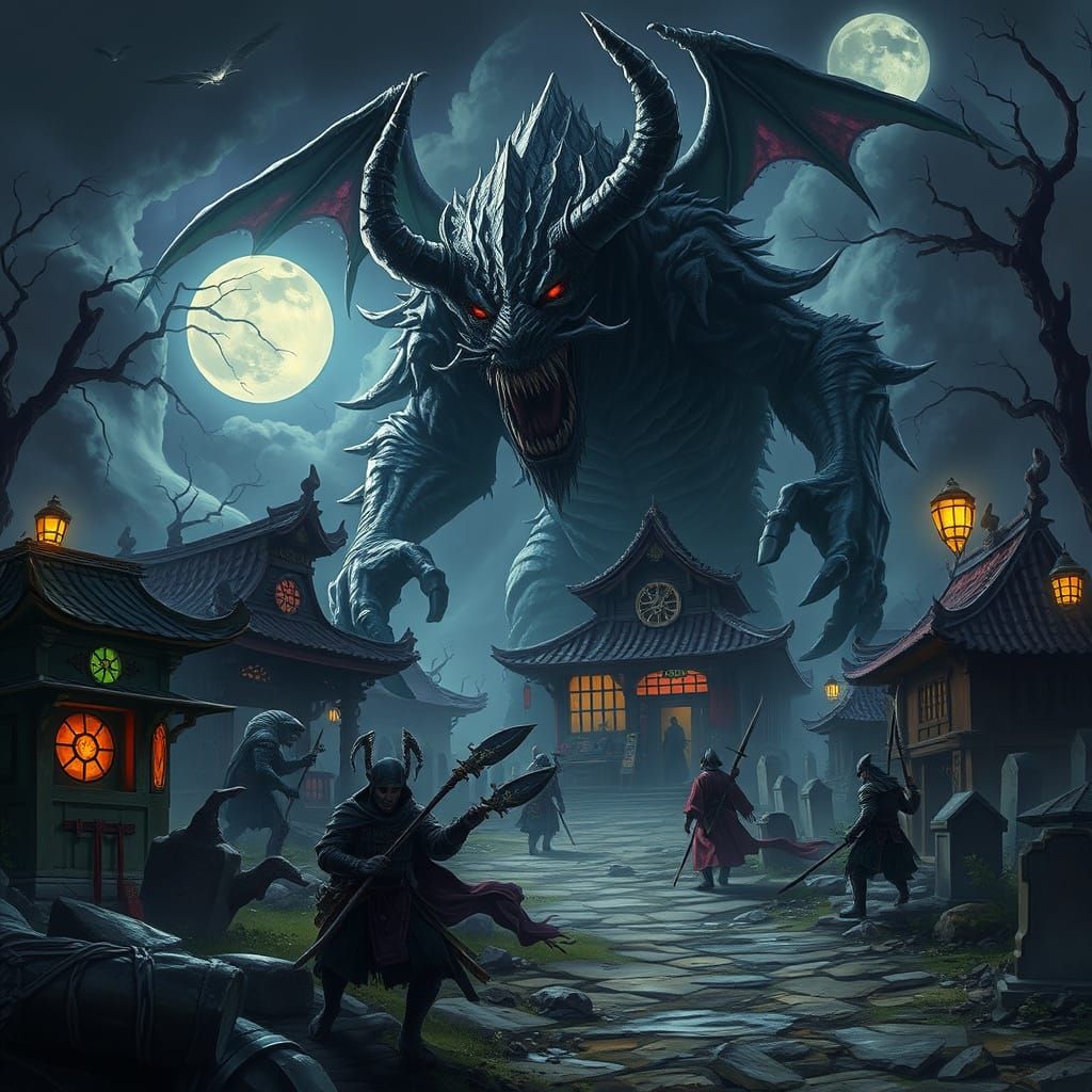 Eerie Graveyard Scene with Gemstone Houses and Monsters