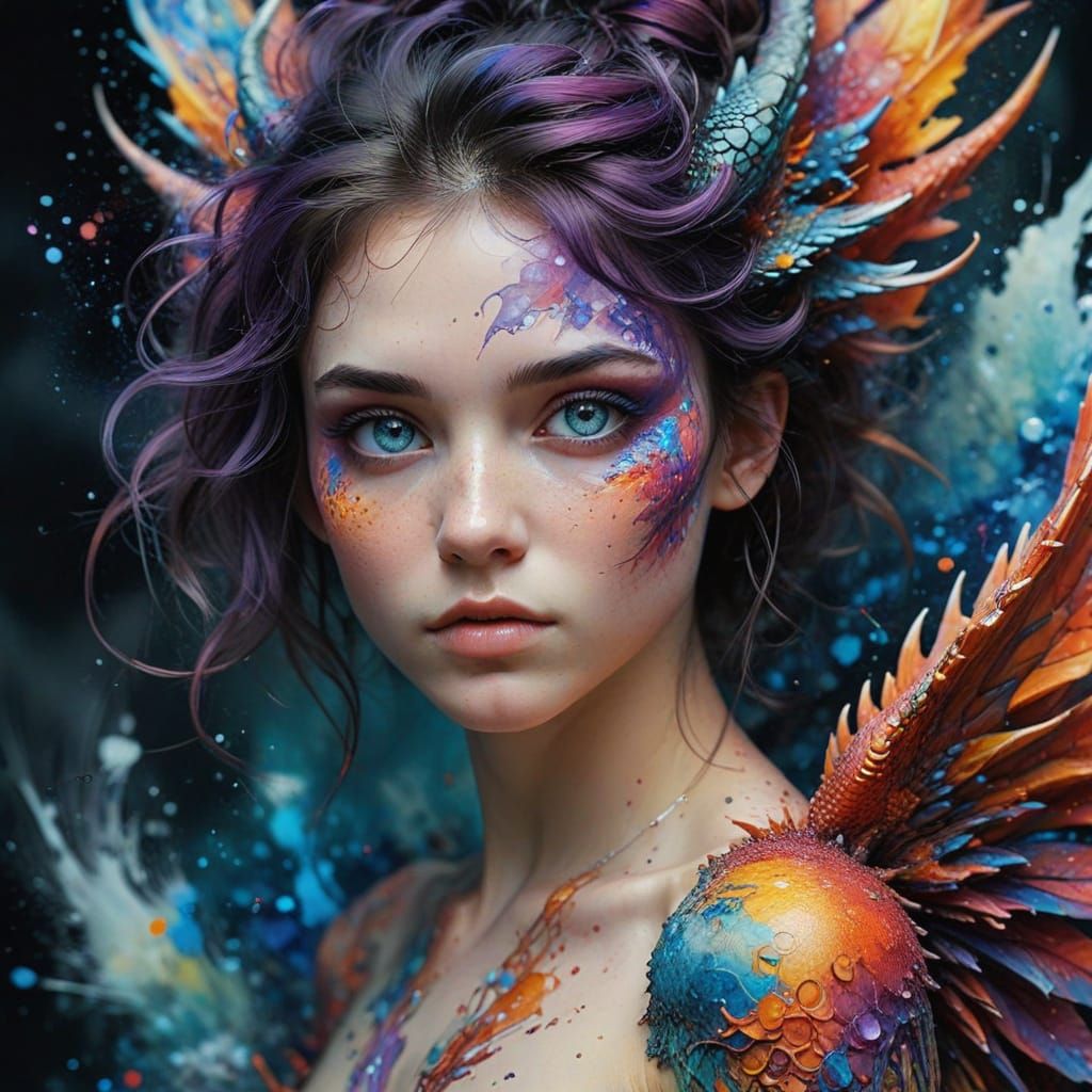 Ethereal Dragon Girl in Vibrant Watercolor Style