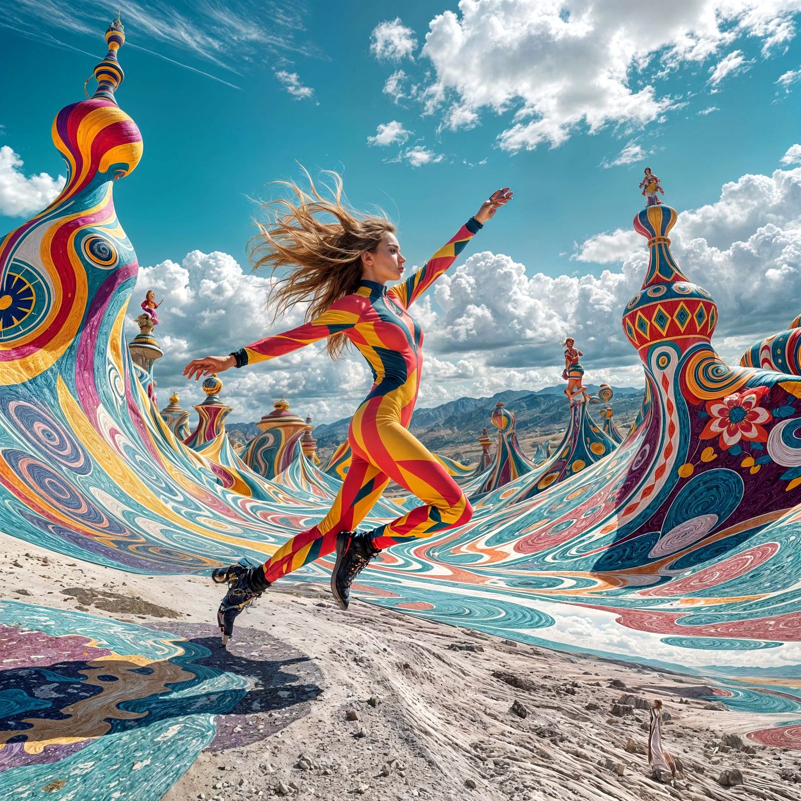Woman Soaring Through Surreal Dreamscape in Digital Art