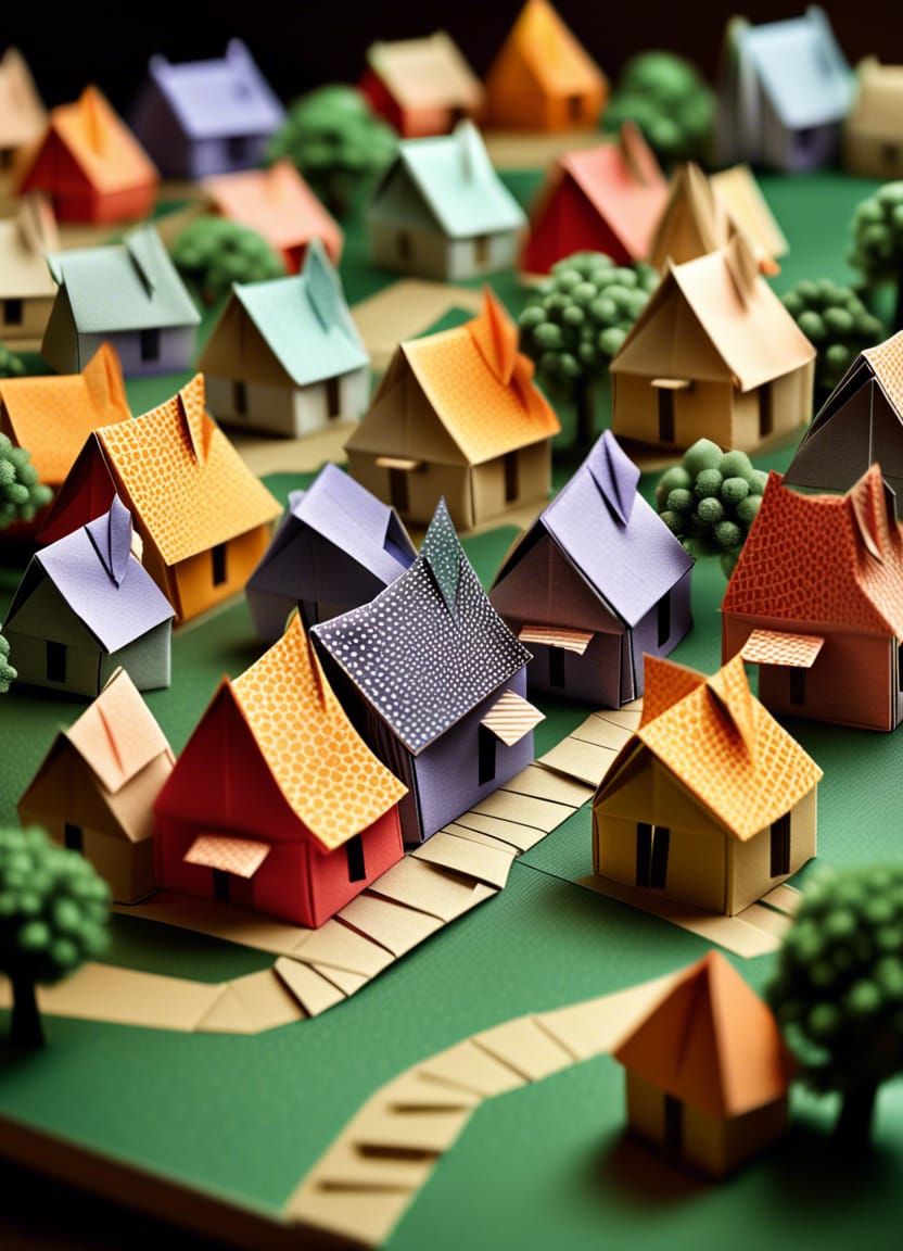 Detailed Origami Town with Houses and People