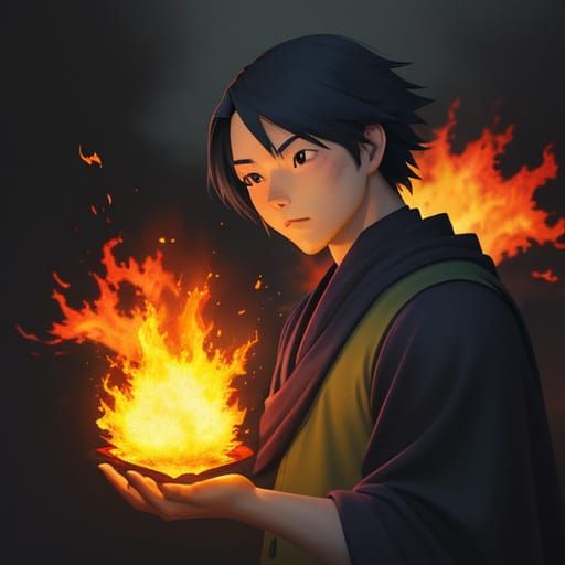 Monk Ignites Fiery Hands in Anime Style