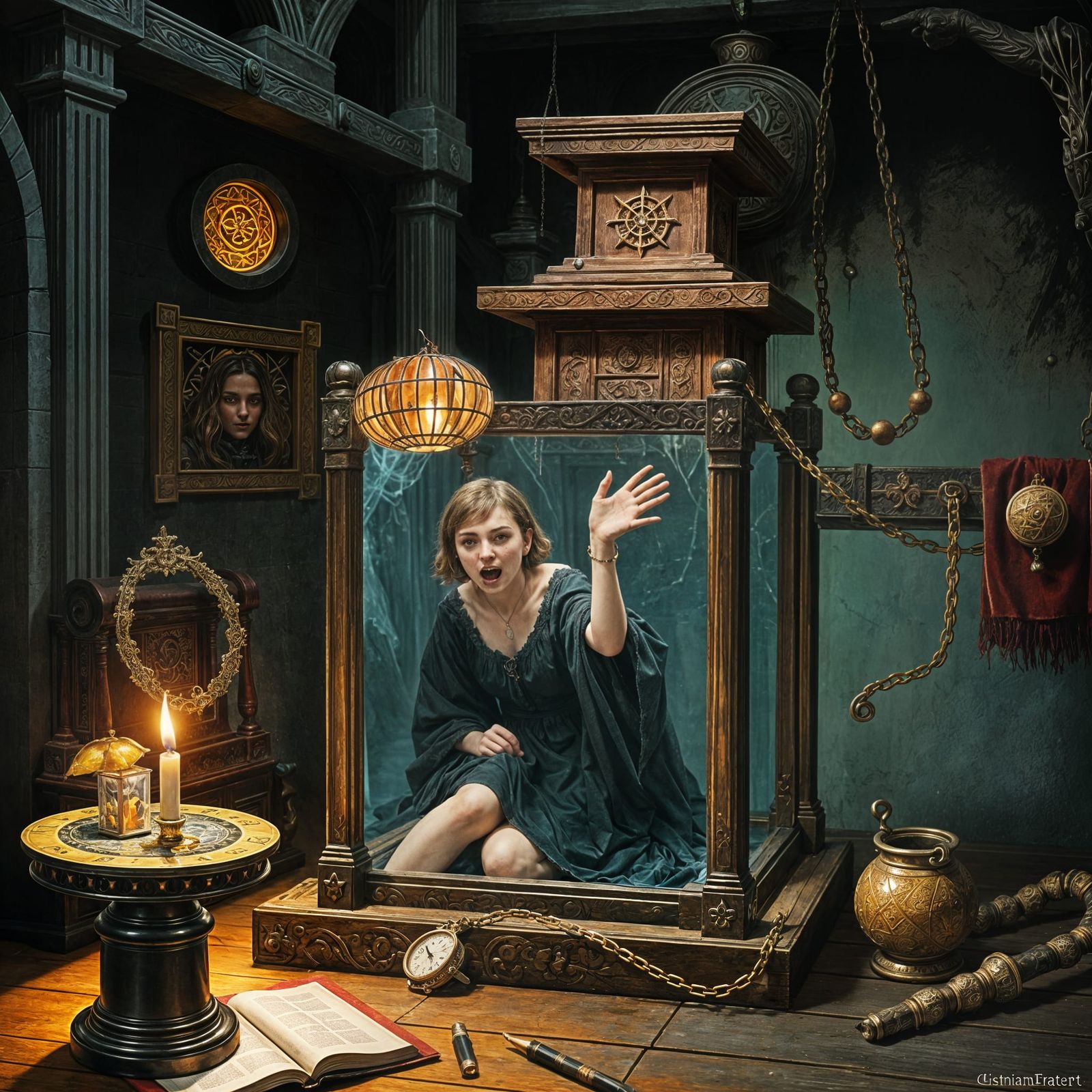 Dark Fantasy Witch Trapped in Sinister Square Temple