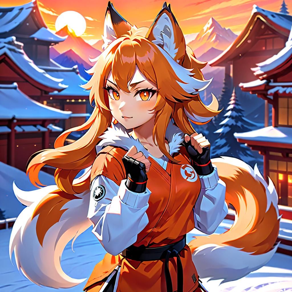 Anime Kitsune Wolf Girl Practicing Martial Arts
