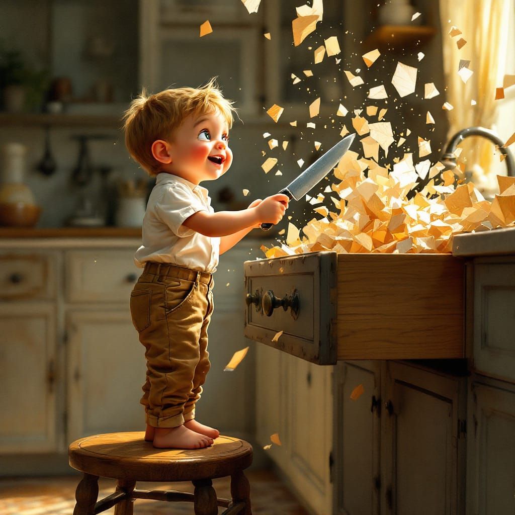 Joyful Mischief: Boy Destroys Drawer in Rockwell Style