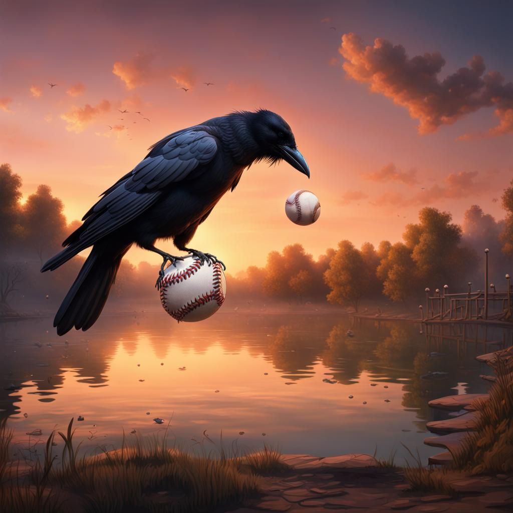 Crow Plays Baseball at Sunset: Detailed Matte Painting