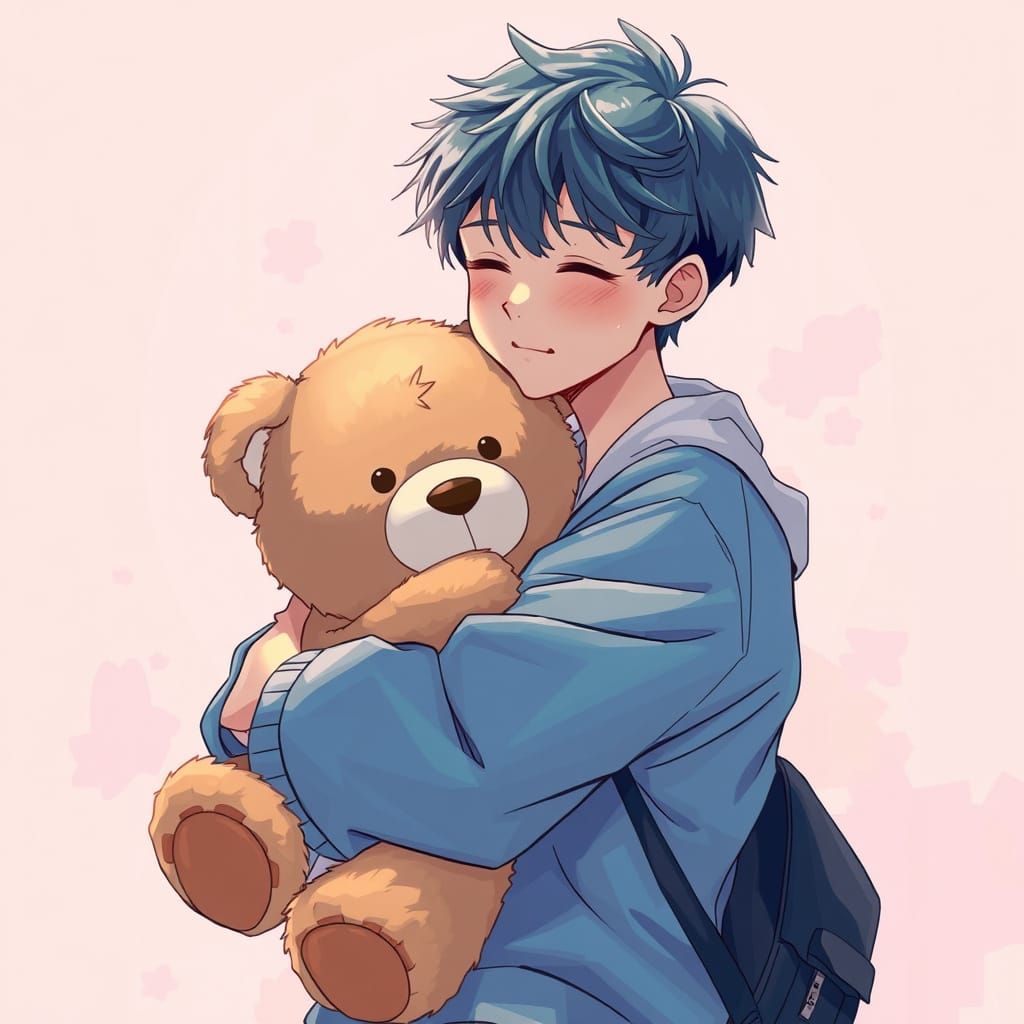 Anime Young Man Hugging a Teddy Bear