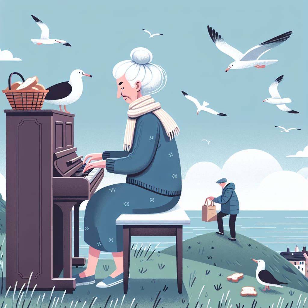 Woman Plays Piano as Seagulls Feast