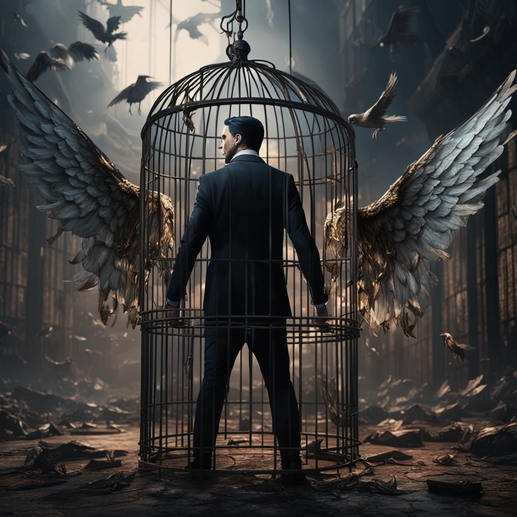 Man with Torn Angel Wings in Birdcage