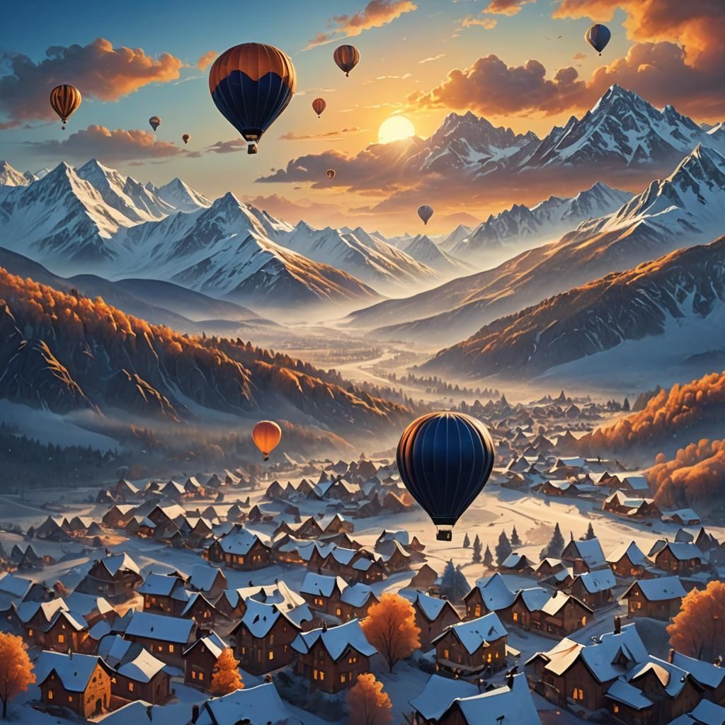 Hot Air Balloon Soaring Over Snowy Peaks at Sunset